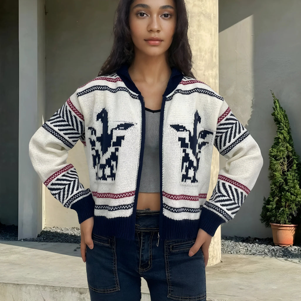 White women's zip-up cardigan with a jacquard contrast colour stripe pattern and a lapel collar.