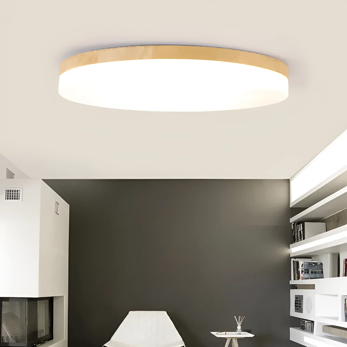 Japanese minimalist LED ceiling lamp with wood art base and acrylic shade in three size options