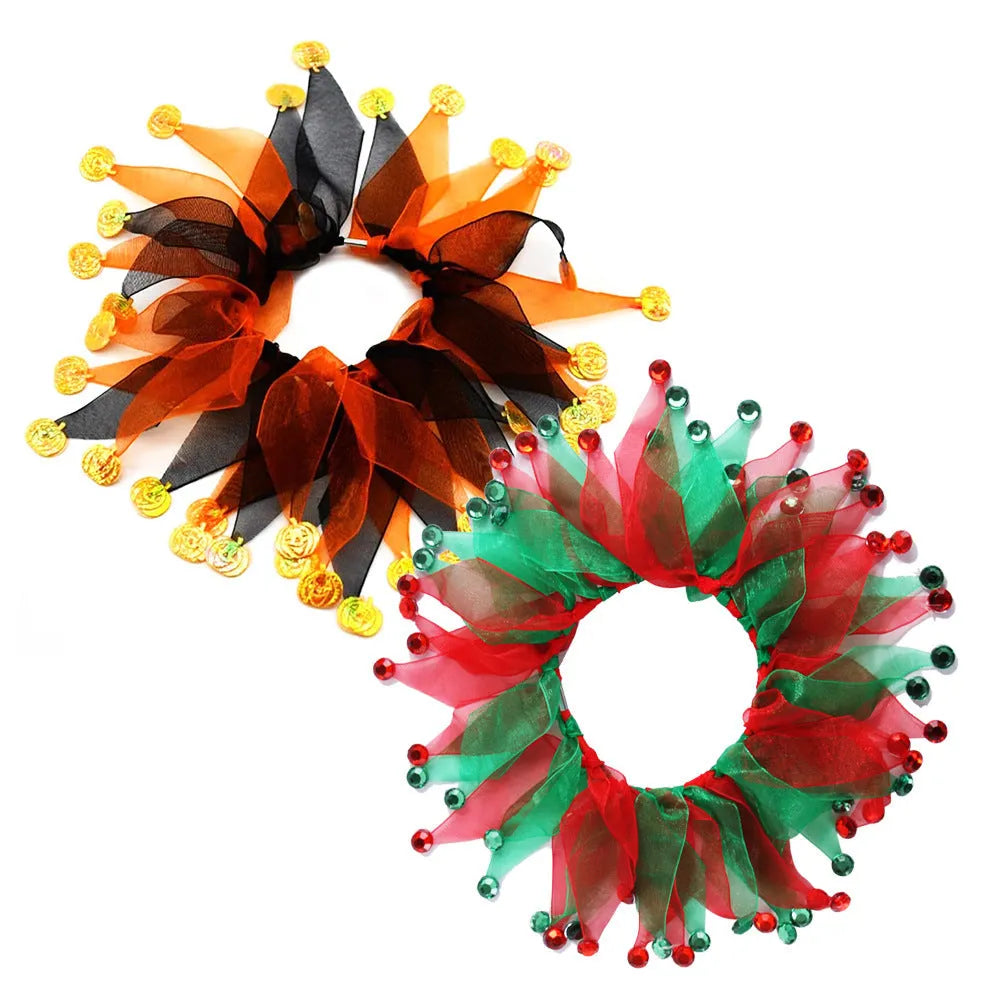 Tie-dyed cloth dog collar showing colour variations with Christmas and Halloween theme options