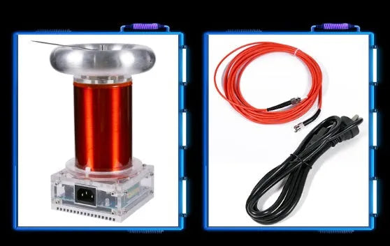 Tesla coil driver board unit with 3.5mm audio port, showing dimensions 100x115x205mm.