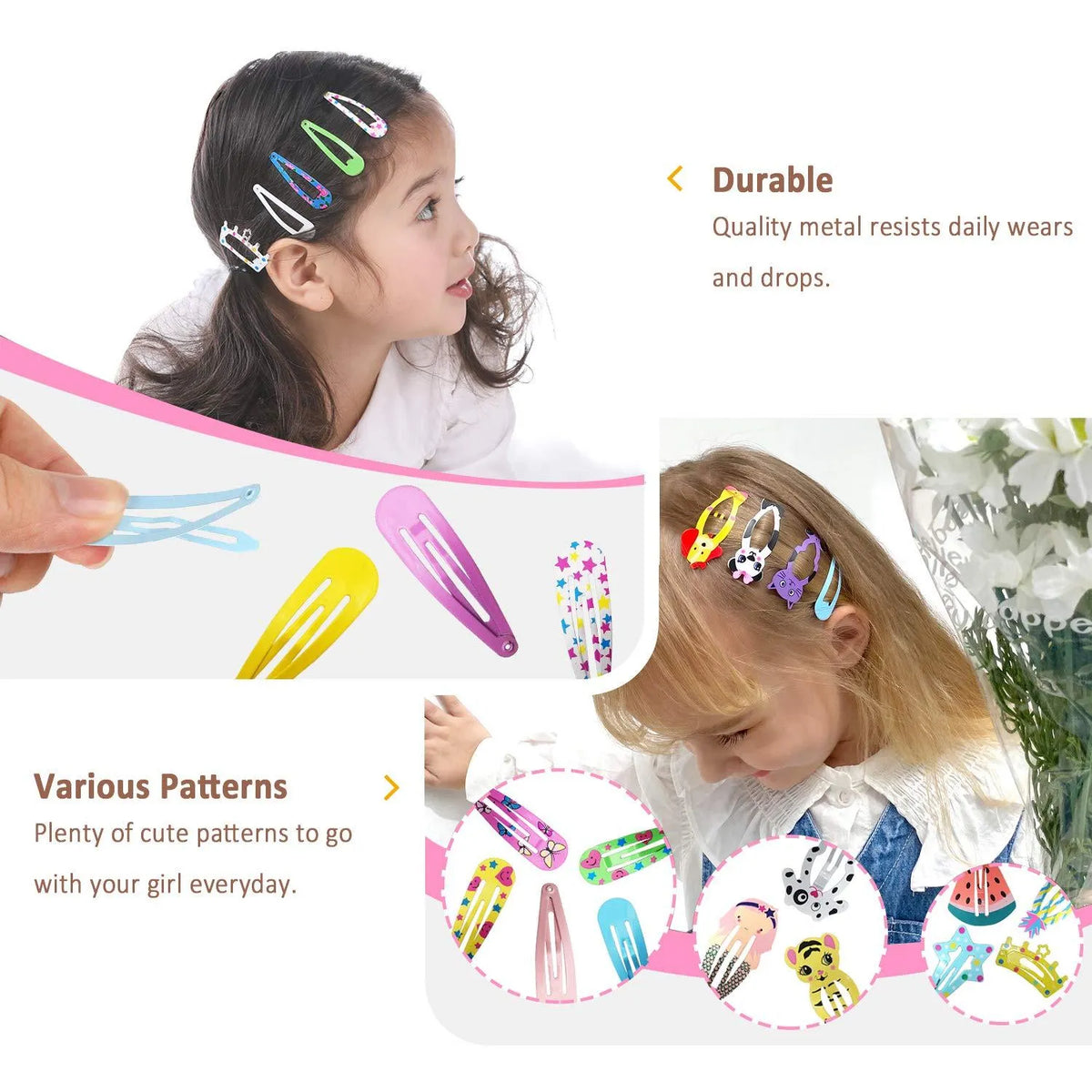 100-piece assortment of candy-colour hair clips with animal, fruit, crown, and star designs featuring metal snap fastenings