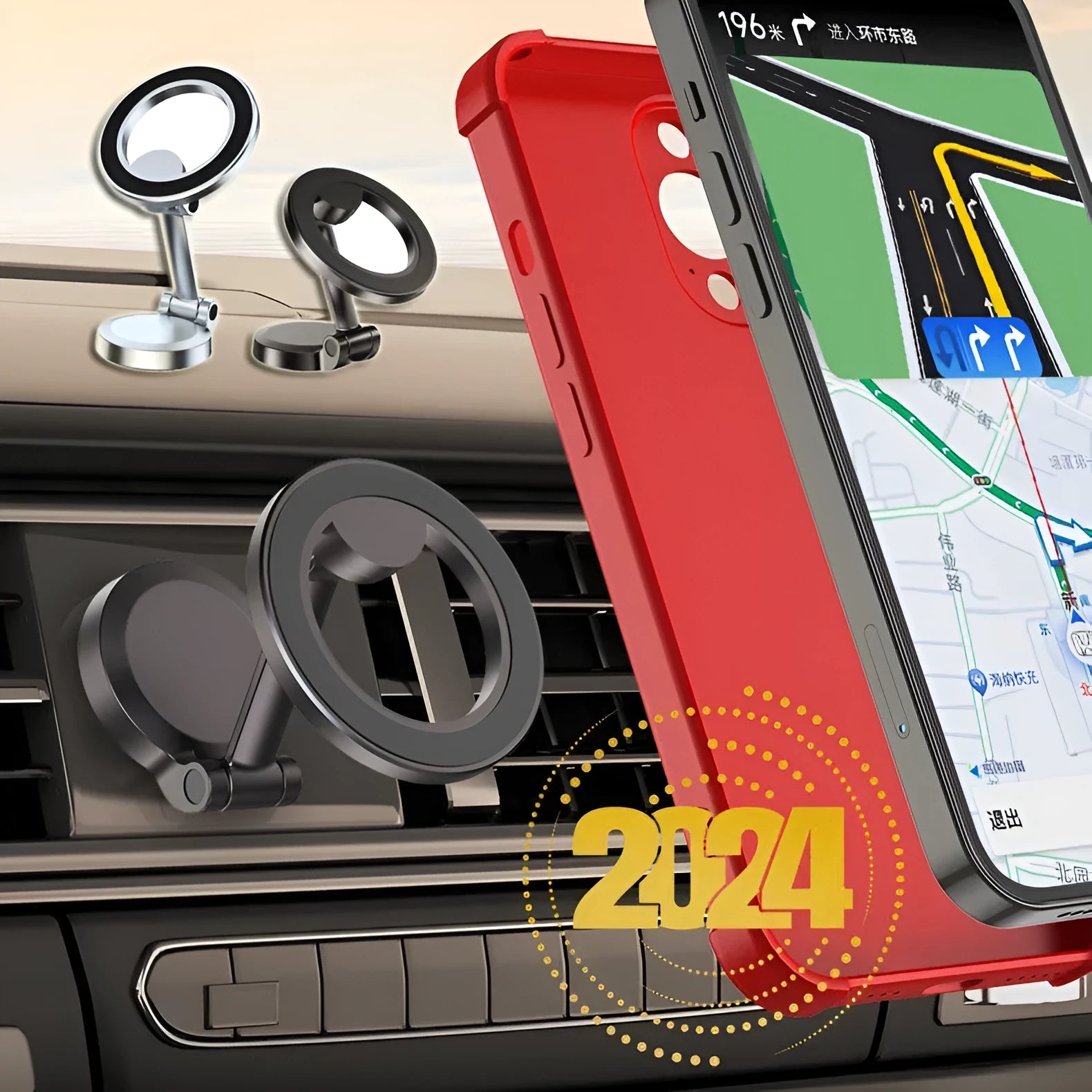 All-metal magnetic car phone mount with foldable design on dashboard