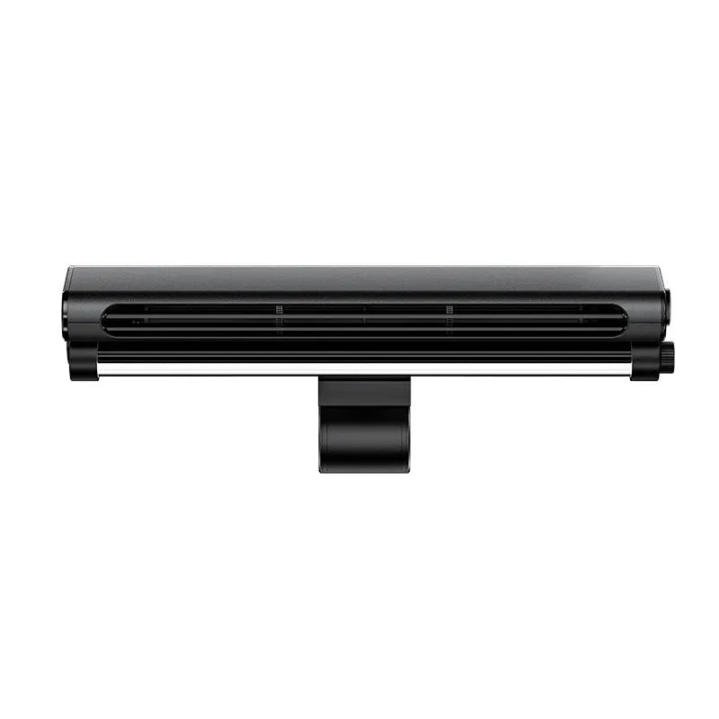 Black USB bladeless clip-on desk fan with LED lighting attached to computer screen