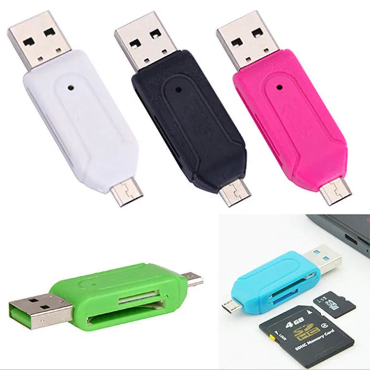 OTG card reader with USB and Micro USB interfaces for SD and TF memory cards in multiple colours