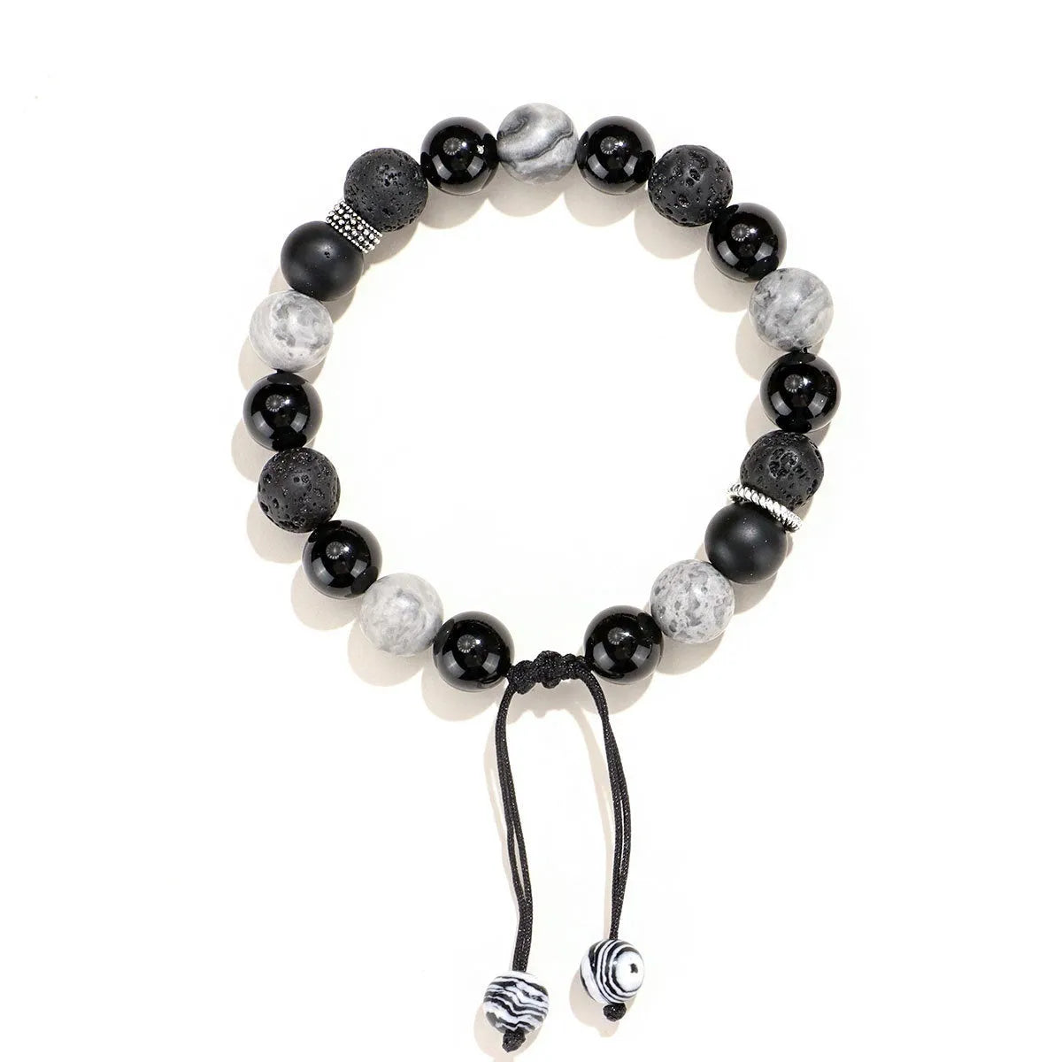 Black agate map stone and volcanic rock bracelet in diamond shape, showing 8mm and 10mm size options.