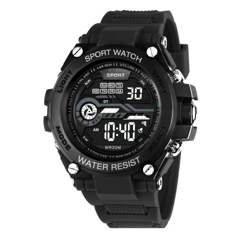 Digital electronic wristwatch for teenagers and students shown in one of ten available colour variations.