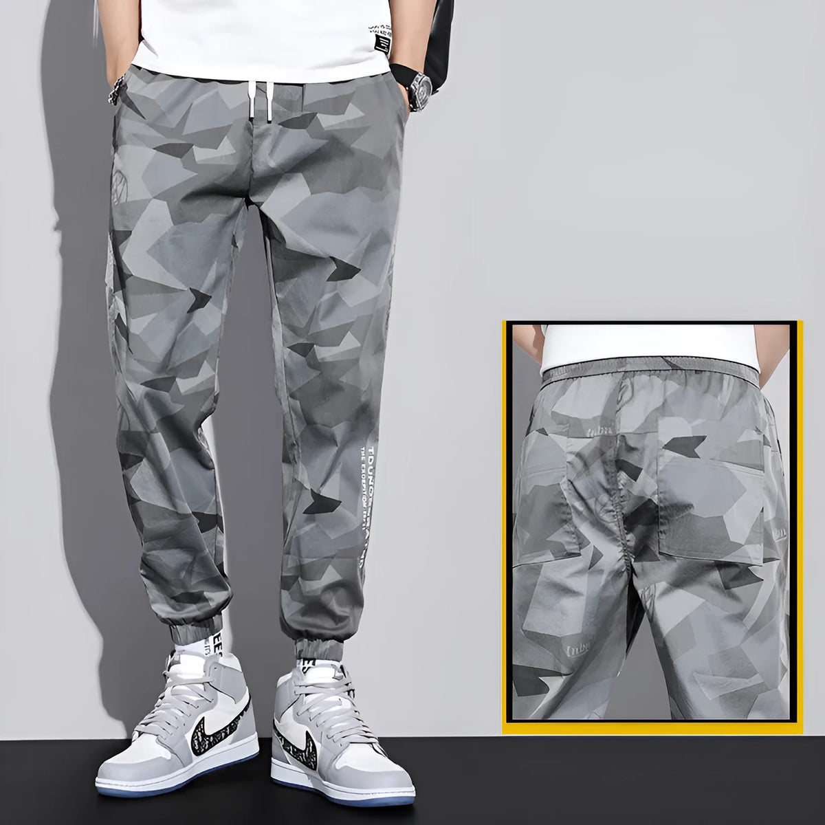 Men's camouflage overalls, straight-leg nine-point casual pants in cotton blend, army green, black or grey, sizes M to 4XL.