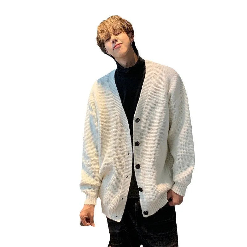 Men's loose fit V-neck cardigan jumper in a solid colour cotton blend fabric.