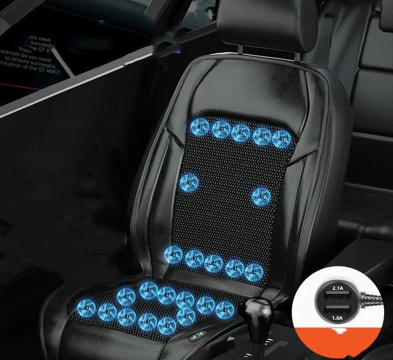 Car seat cooling cushion with ventilation grid and fan unit, shown in black colour