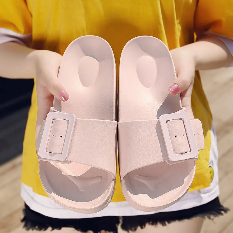 Women's grey blue buckle fastening flip-flop slippers with soft EVA sole