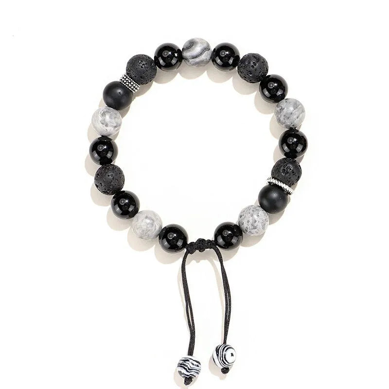 Black agate map stone and volcanic rock bracelet in diamond shape, showing 8mm and 10mm size options.
