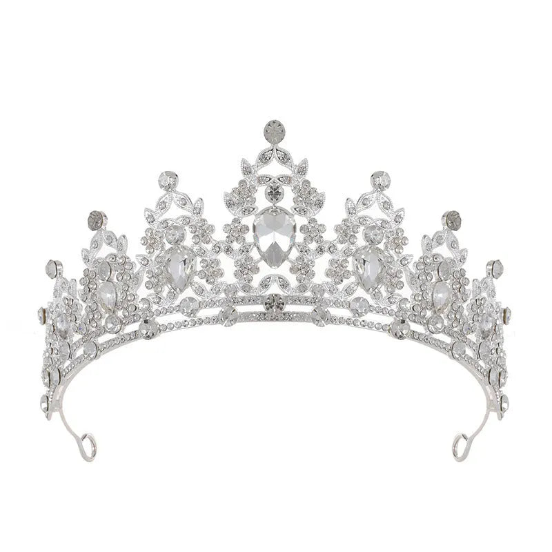 Baroque style crown headdress with rhinestone details in silver or gold alloy finish for bridal use