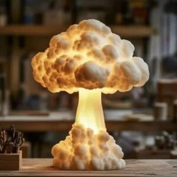 Modern atomic bomb mushroom cloud shaped table lamp with USB power cable.