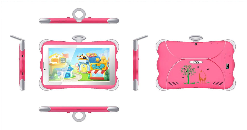 7-inch children's learning tablet in cartoon colours with included stand showing 3G calling capability