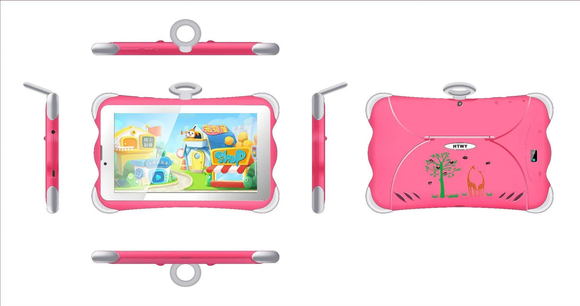 7-inch children's learning tablet in cartoon colours with included stand showing 3G calling capability