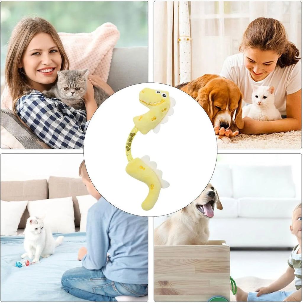 Set of four cat toys including rope, spring, and plush types in various colours