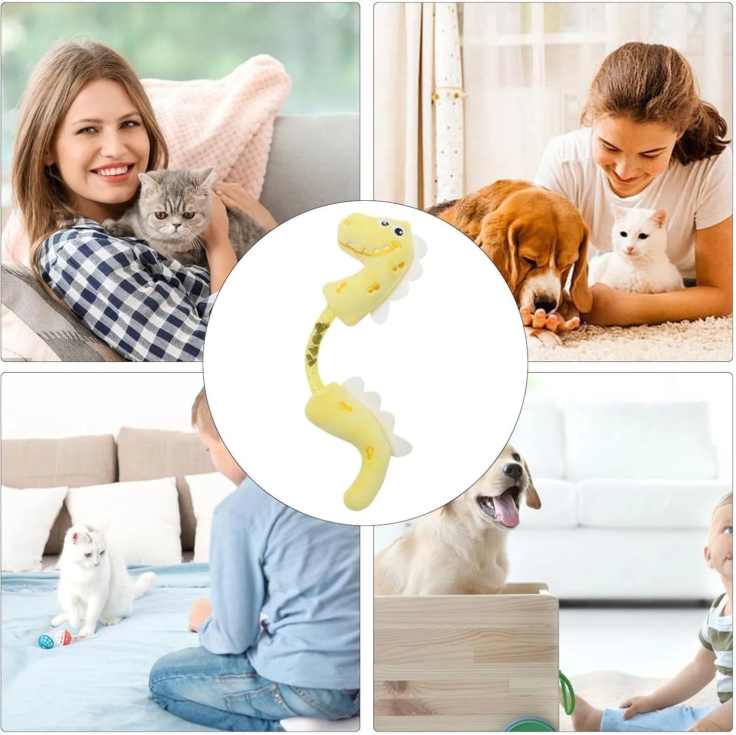 Set of four cat toys including rope, spring, and plush types in various colours