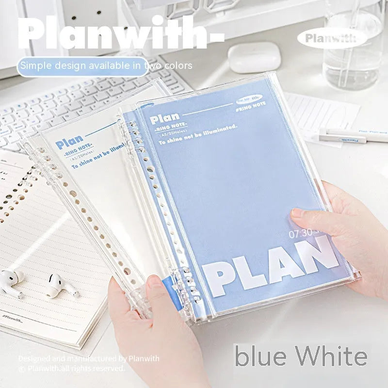 A5 PVC notebook storage organiser in blue colour showing dimensions of 148mm by 210mm