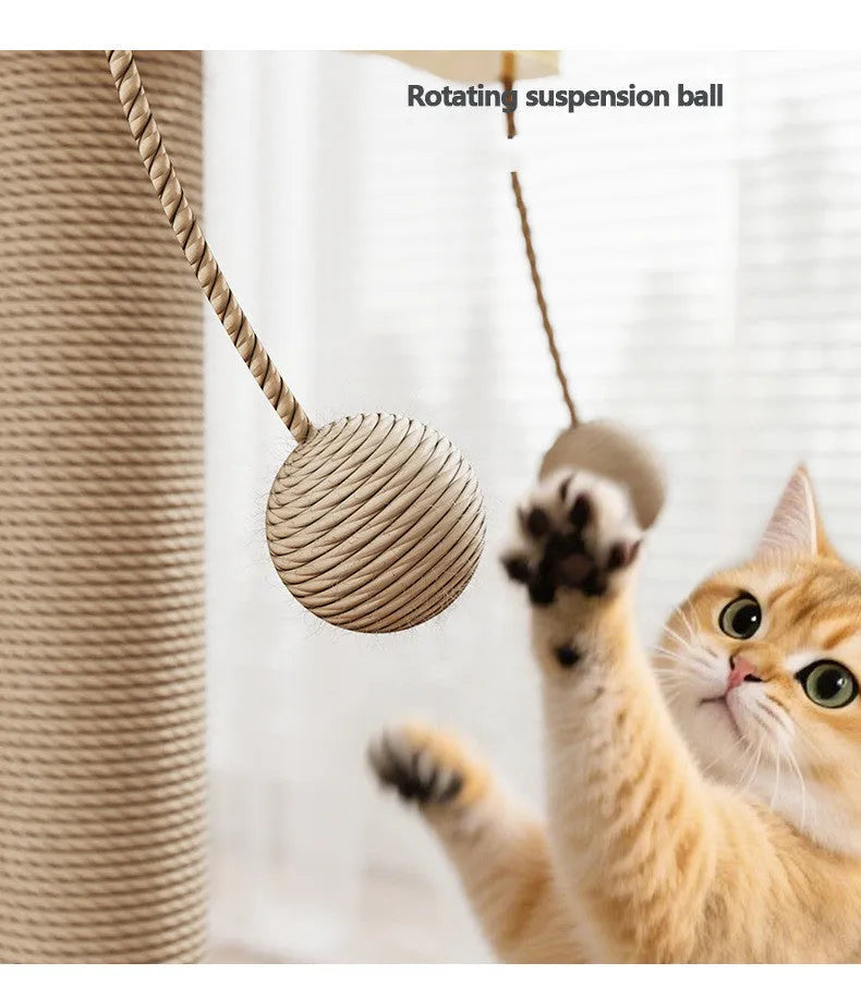 Scratch-resistant cat climbing frame toy with hanging ball, made from pine wood and carpet leather.