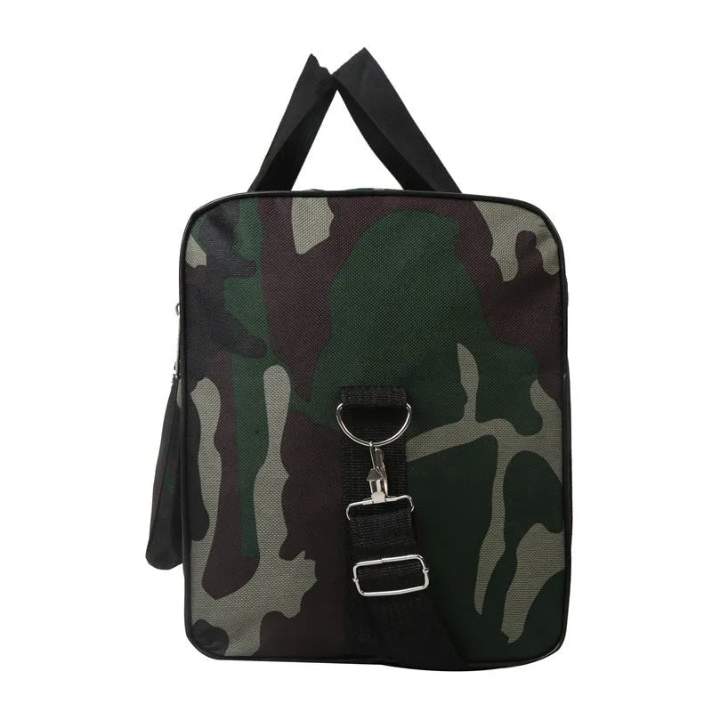 Camouflage pattern luggage bag with waterproof fabric construction and striped polyester lining interior