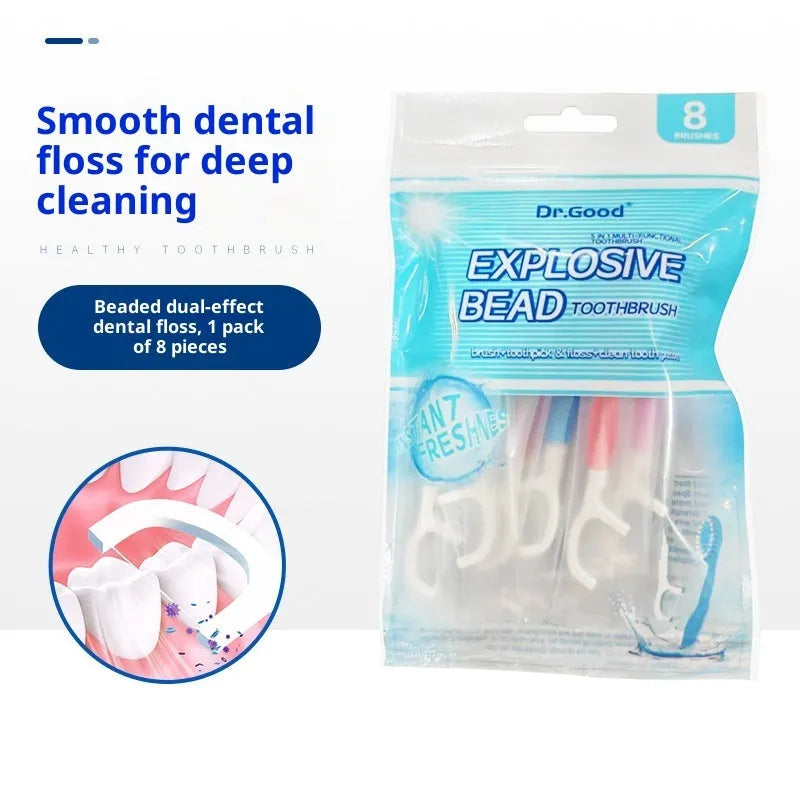 Disposable portable soft-bristle floss bead toothbrush for adults, 8 pieces per pack, English packaging