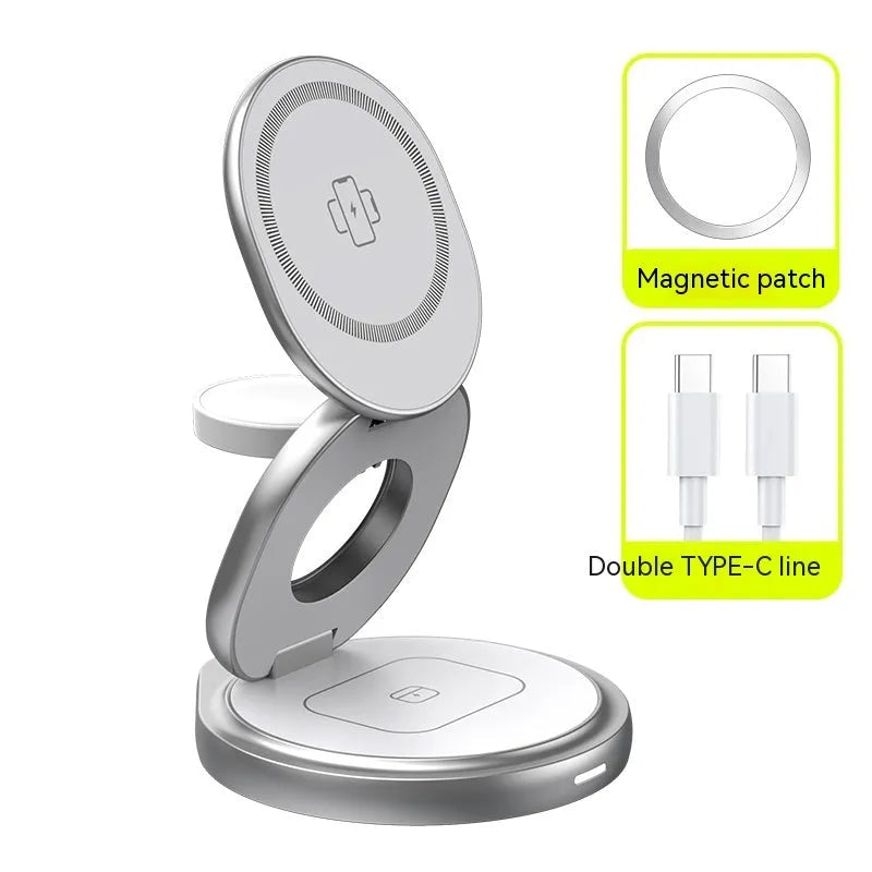 3-in-1 magnetic folding wireless charger stand, 88 x 80 x 25 mm, grey or silver, Type-C