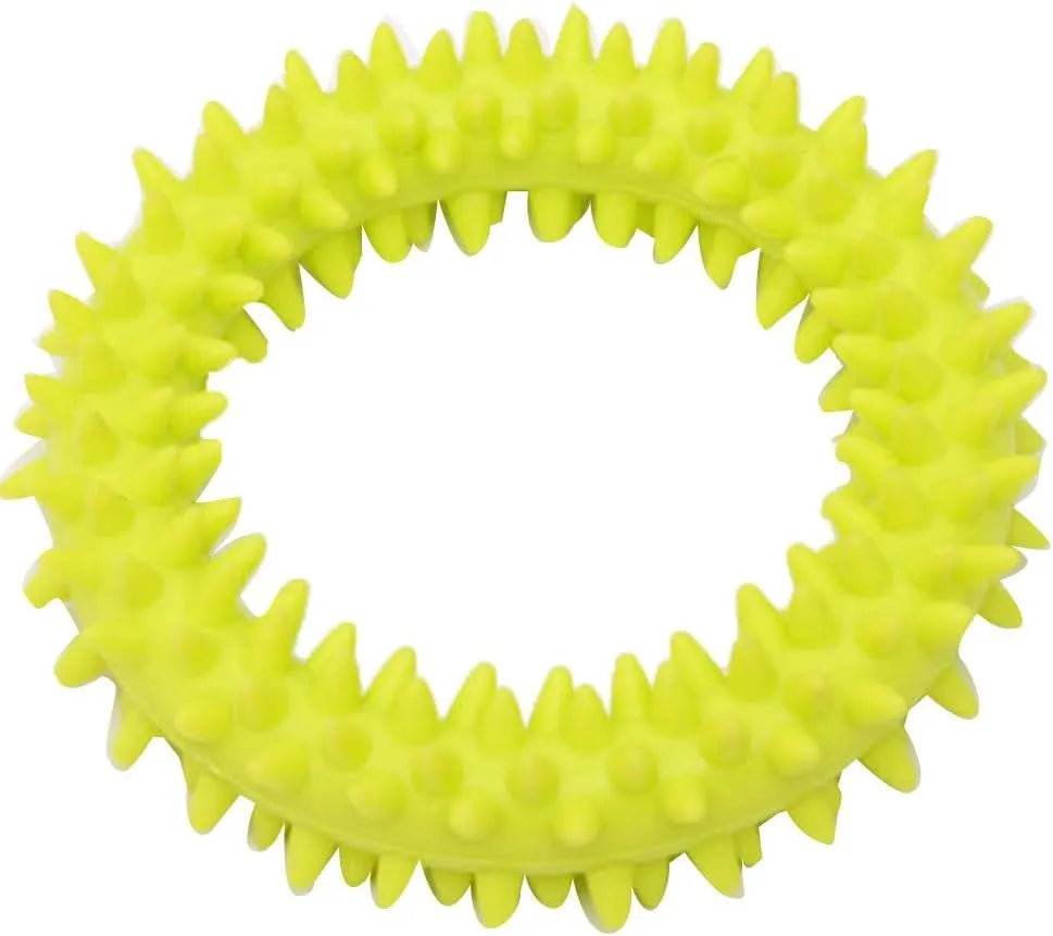 TPR spiky circle ring dog chew toy in blue, green, light blue, pink, rose red, or yellow, 9.5 cm diameter