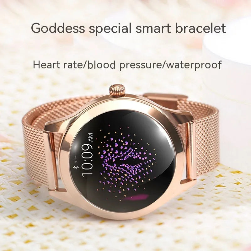 Women's multi-functional sports smartwatch in rose gold showing heart rate monitor and waterproof fitness features