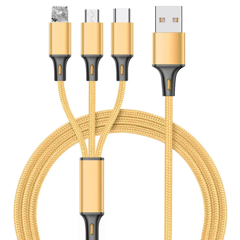 Black 3-in-1 braided charging cable with Lightning, Micro-USB and Type-C connectors on a 1.25m nylon cord