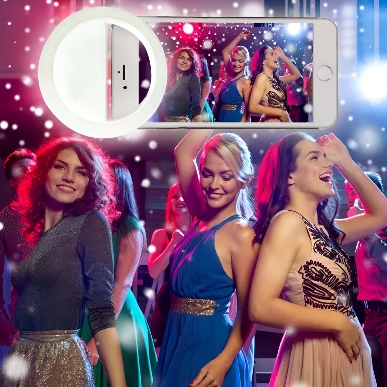 Selfie ring light clip with LED bulbs attached to mobile phone for low-light photography