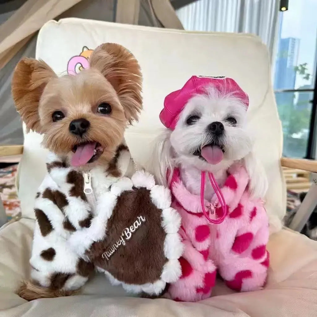 Polyester plush warm coat for small dogs in pink and coffee colours