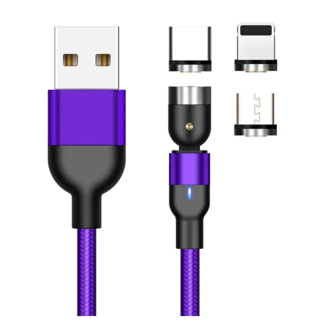 Essager black braided magnetic charging cable with blue LED light, showing 360-degree rotating connector.