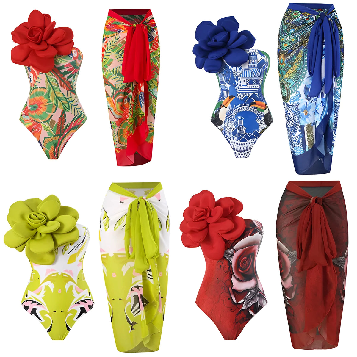 Women's blue floral print one-piece swimsuit with a matching gauze skirt overlay.