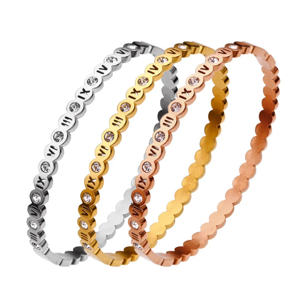 Korean style titanium steel bracelet with number elements in gold, rose gold, or steel colour options
