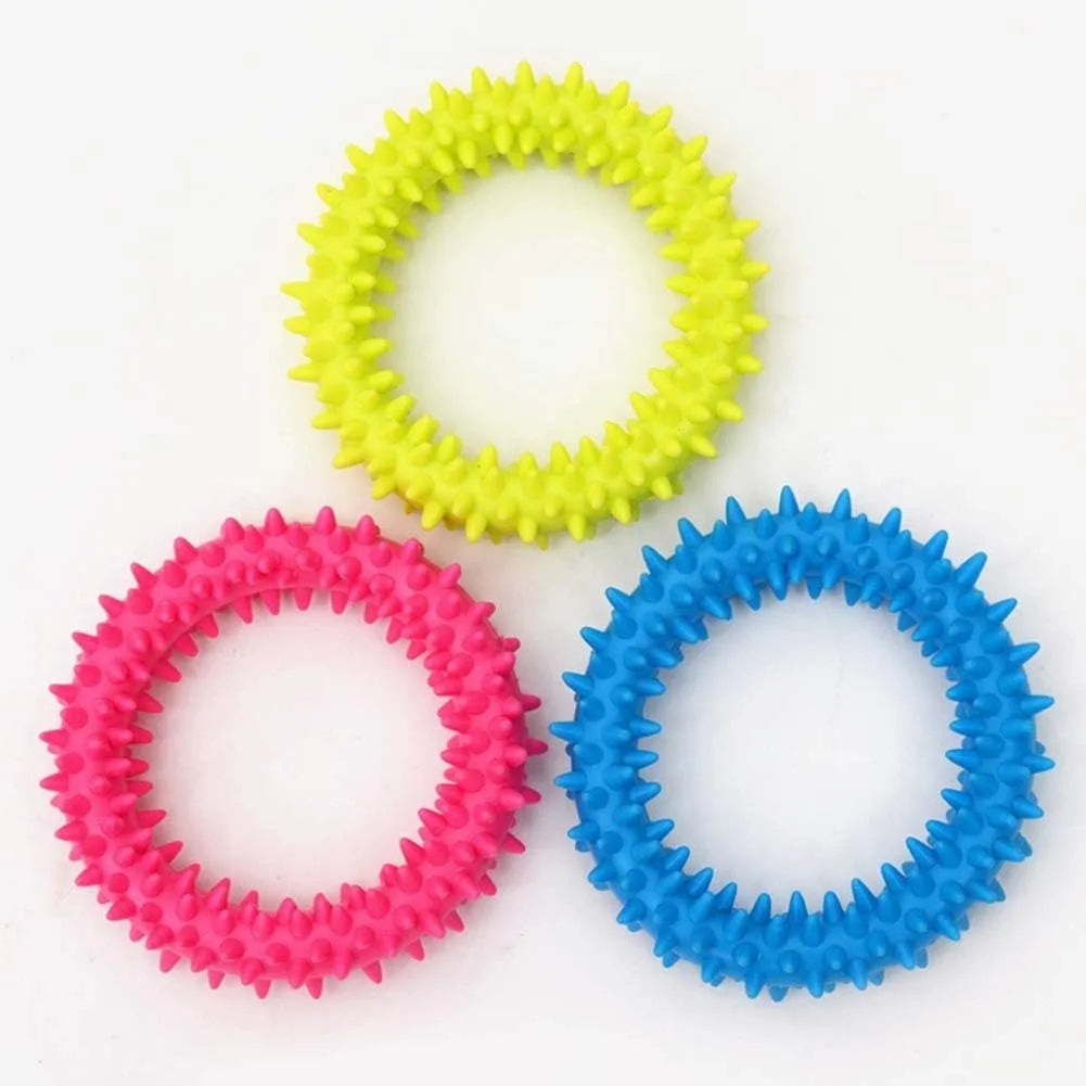TPR spiky circle ring dog chew toy in blue, green, light blue, pink, rose red, or yellow, 9.5 cm diameter