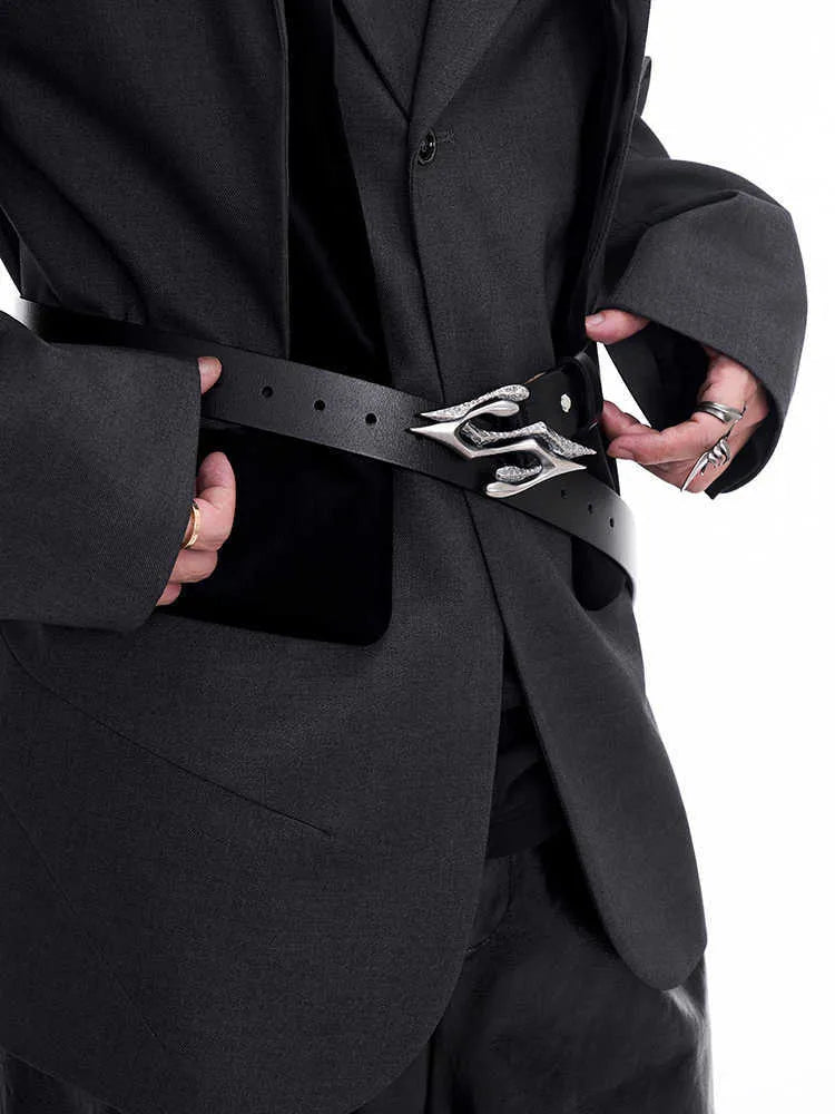 Black men's leather belt with metal letter buckle showing two-layer cowhide construction