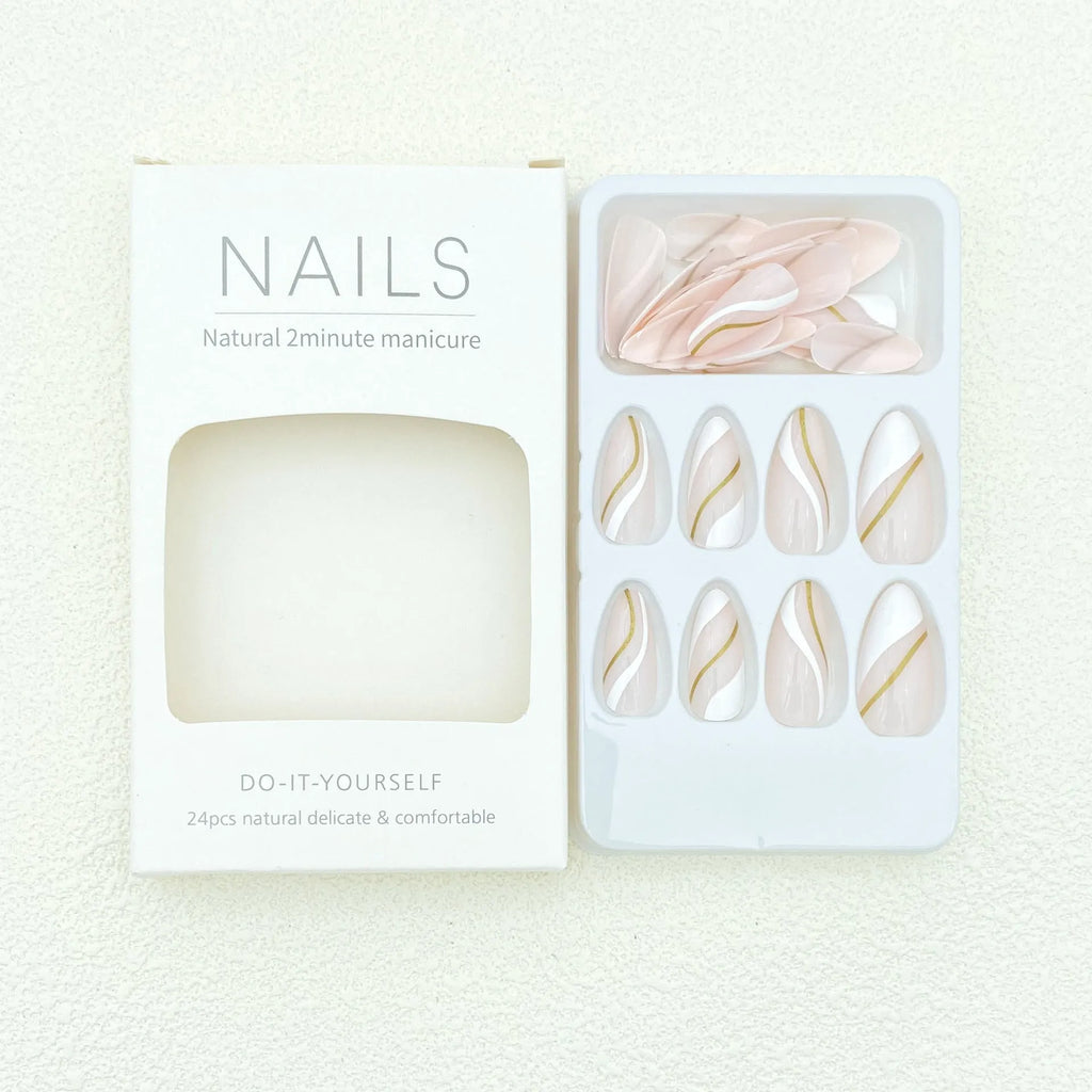 Golden lines plaid pattern wearable nail stickers in medium drop shape with jelly glue.