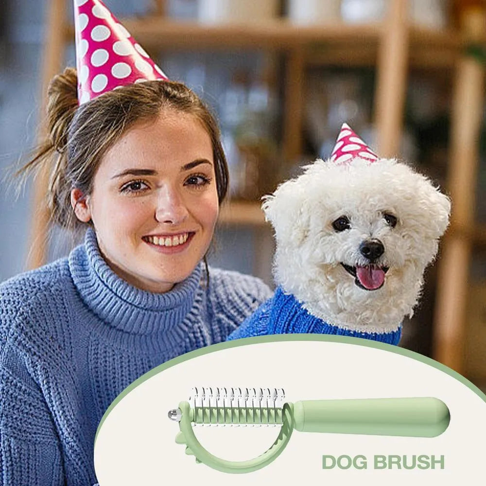 Blue dinosaur-shaped self-cleaning cat brush with stainless steel pins