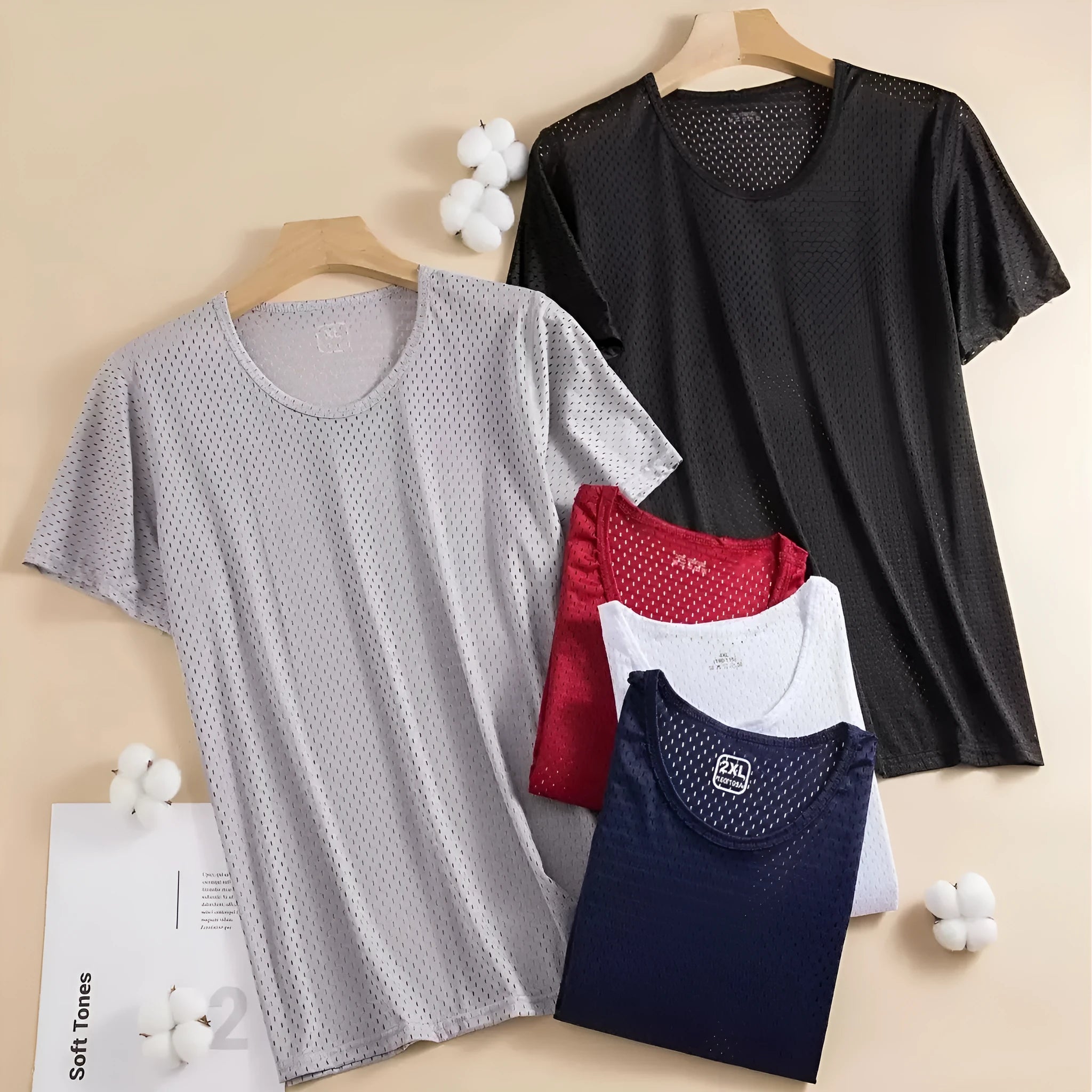 Ice silk men's short sleeve crew neck t-shirt in thin mesh polyester fabric