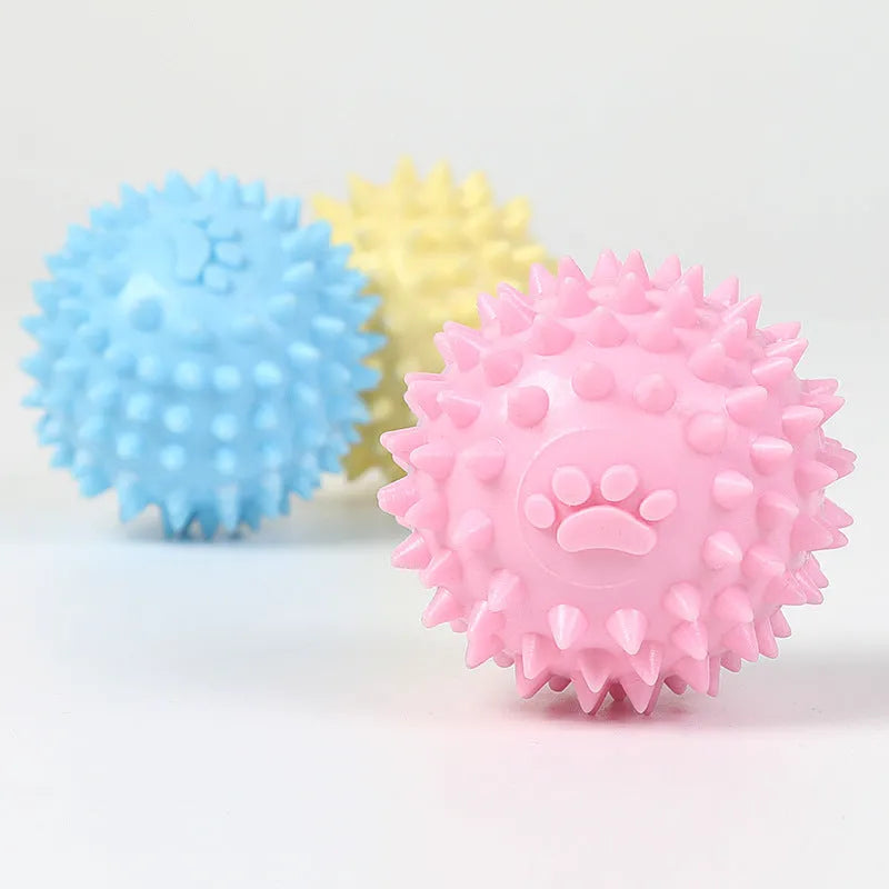 Blue TPR rubber dog chewing ball with footprint texture for tooth cleaning, 6cm diameter