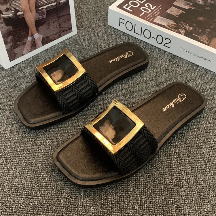 Women's apricot summer flat slippers with casual PVC non-slip sole
