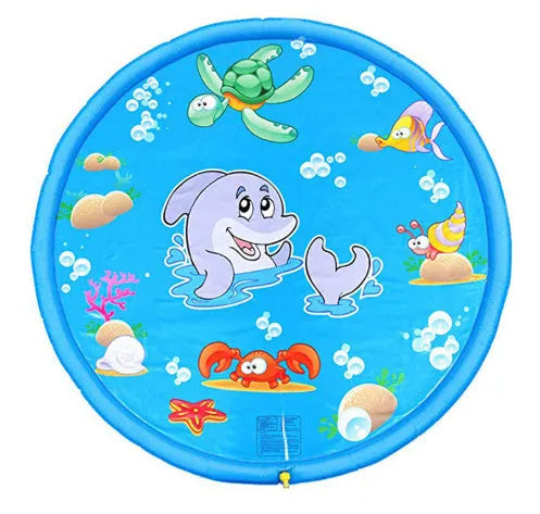 Blue PVC children's water spray mat with marine animals design for outdoor play