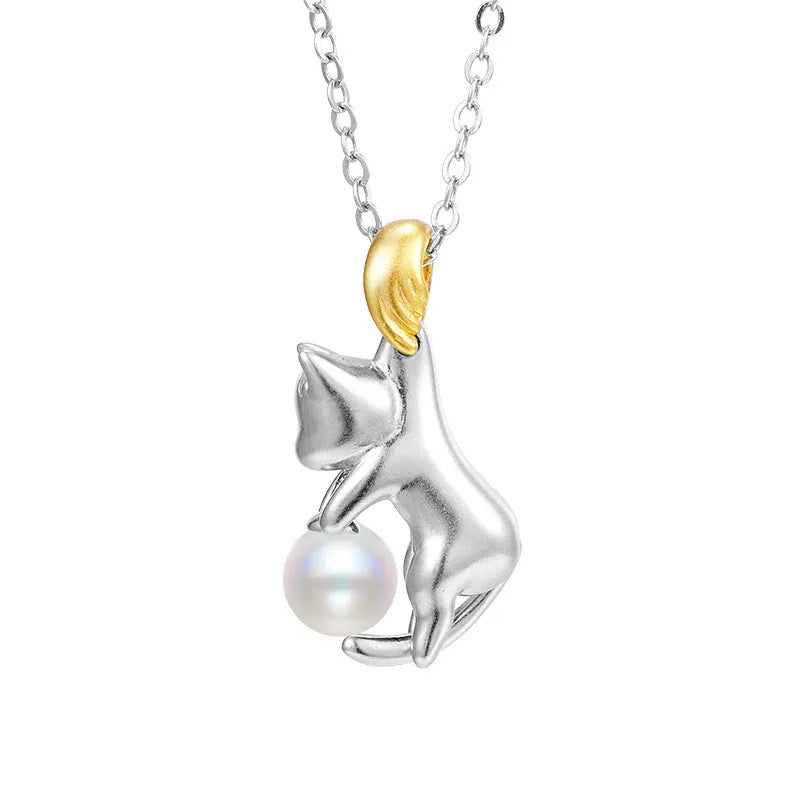 925 sterling silver clavicle chain necklace with a cat charm and electroplated finish.
