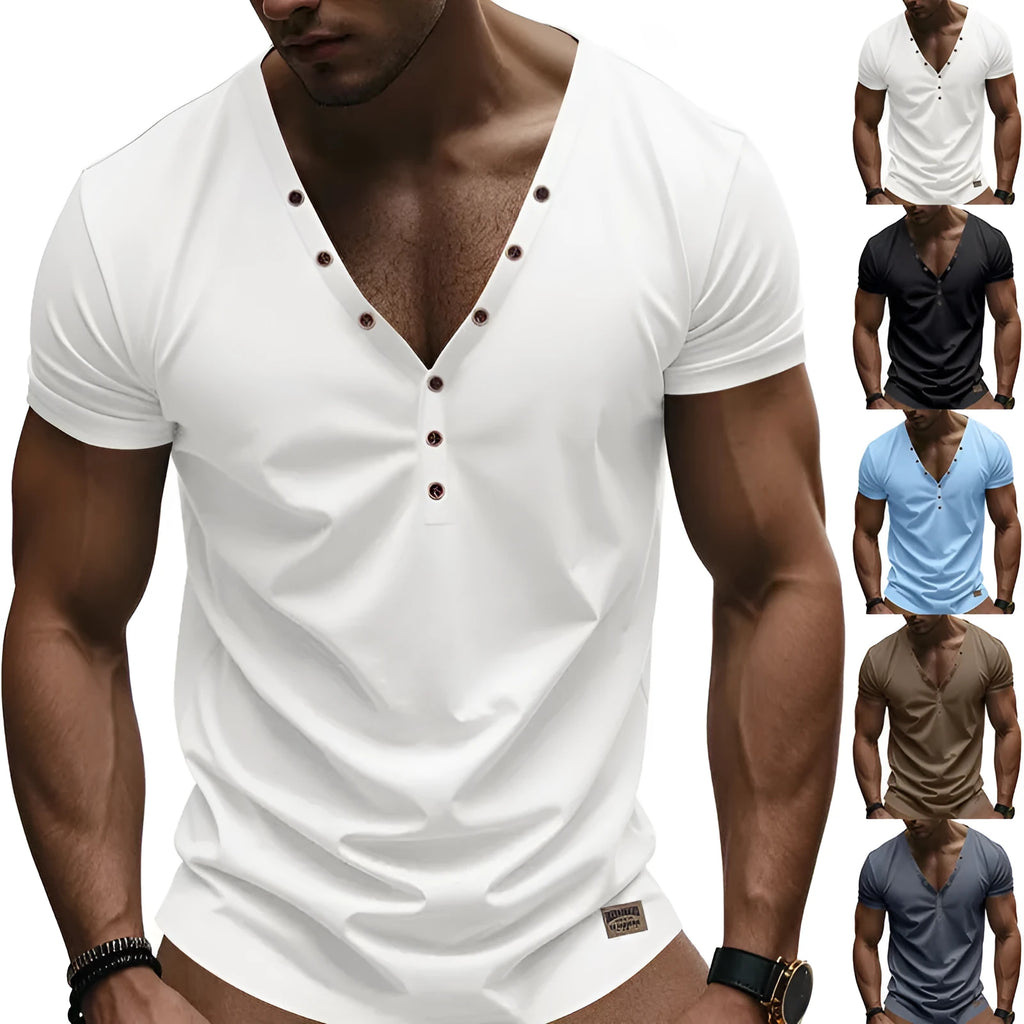 Men's loose thin V-neck button pullover top in light blue, shown in a casual setting.