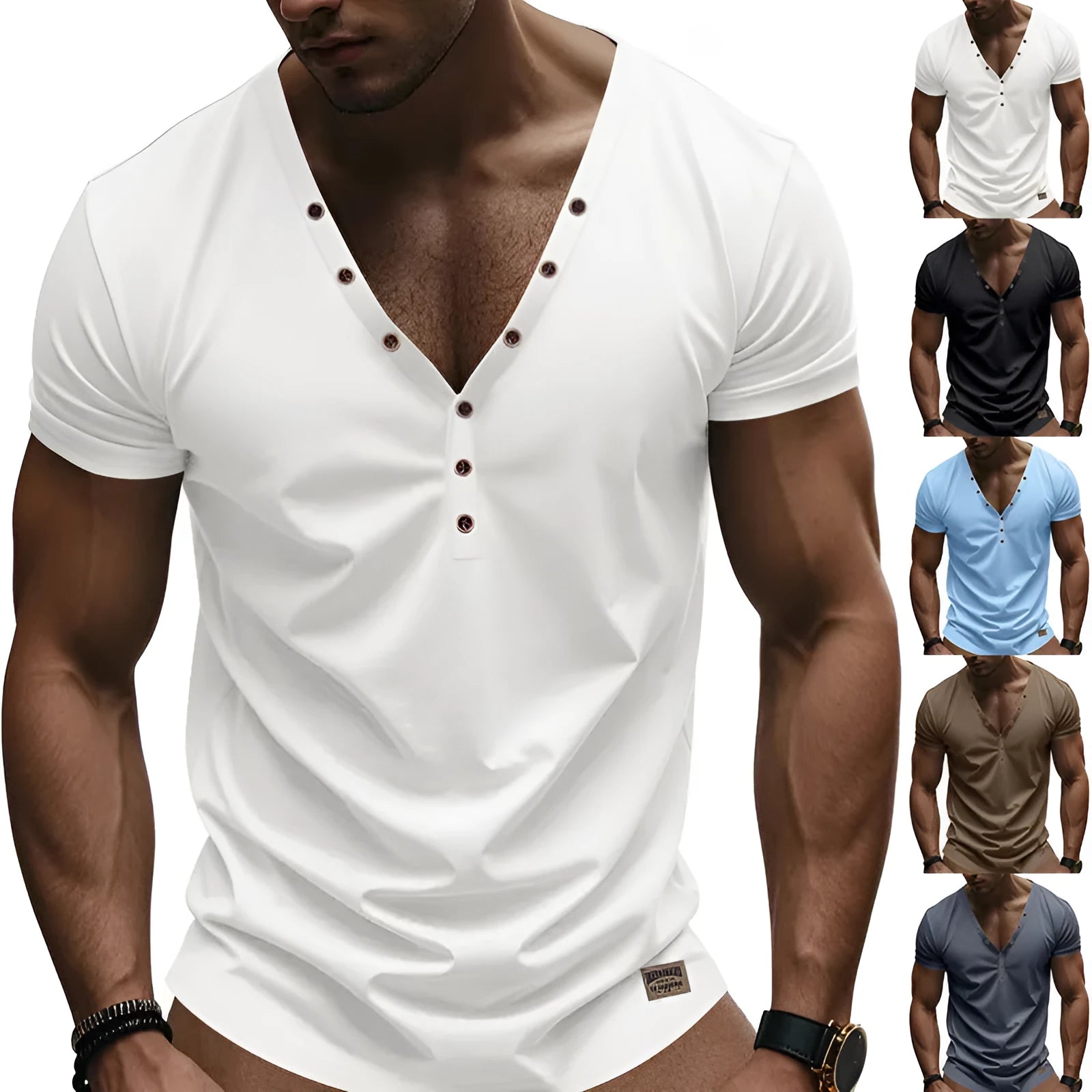 Men's loose thin V-neck button pullover top in light blue, shown in a casual setting.
