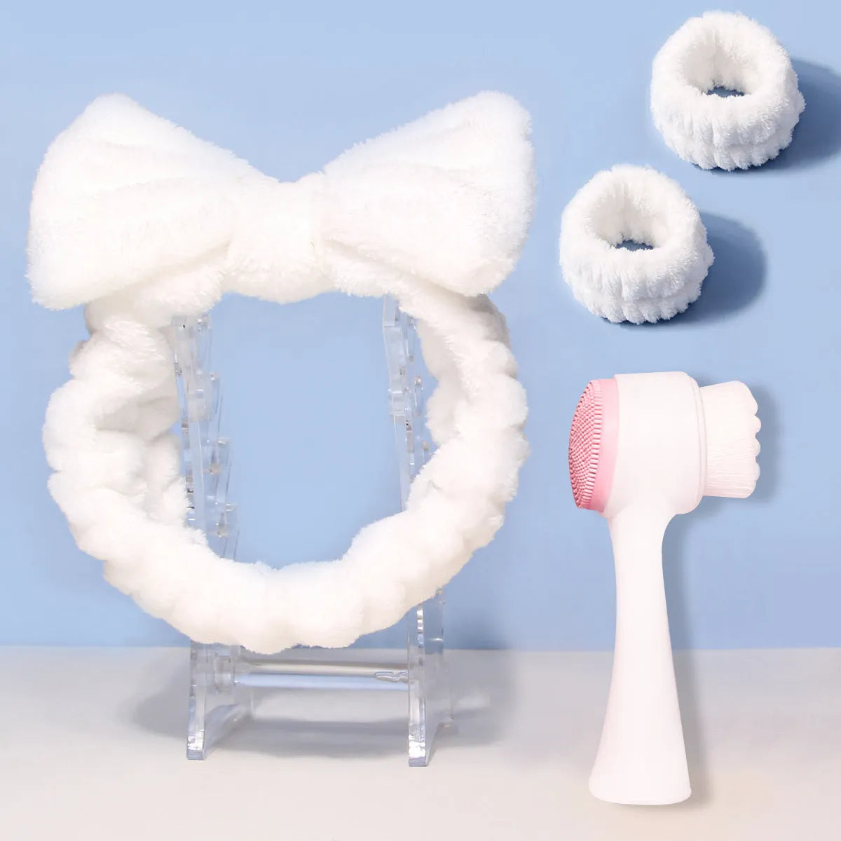 Facial brush set with coral fleece hair band and nylon bristles in multiple colour options