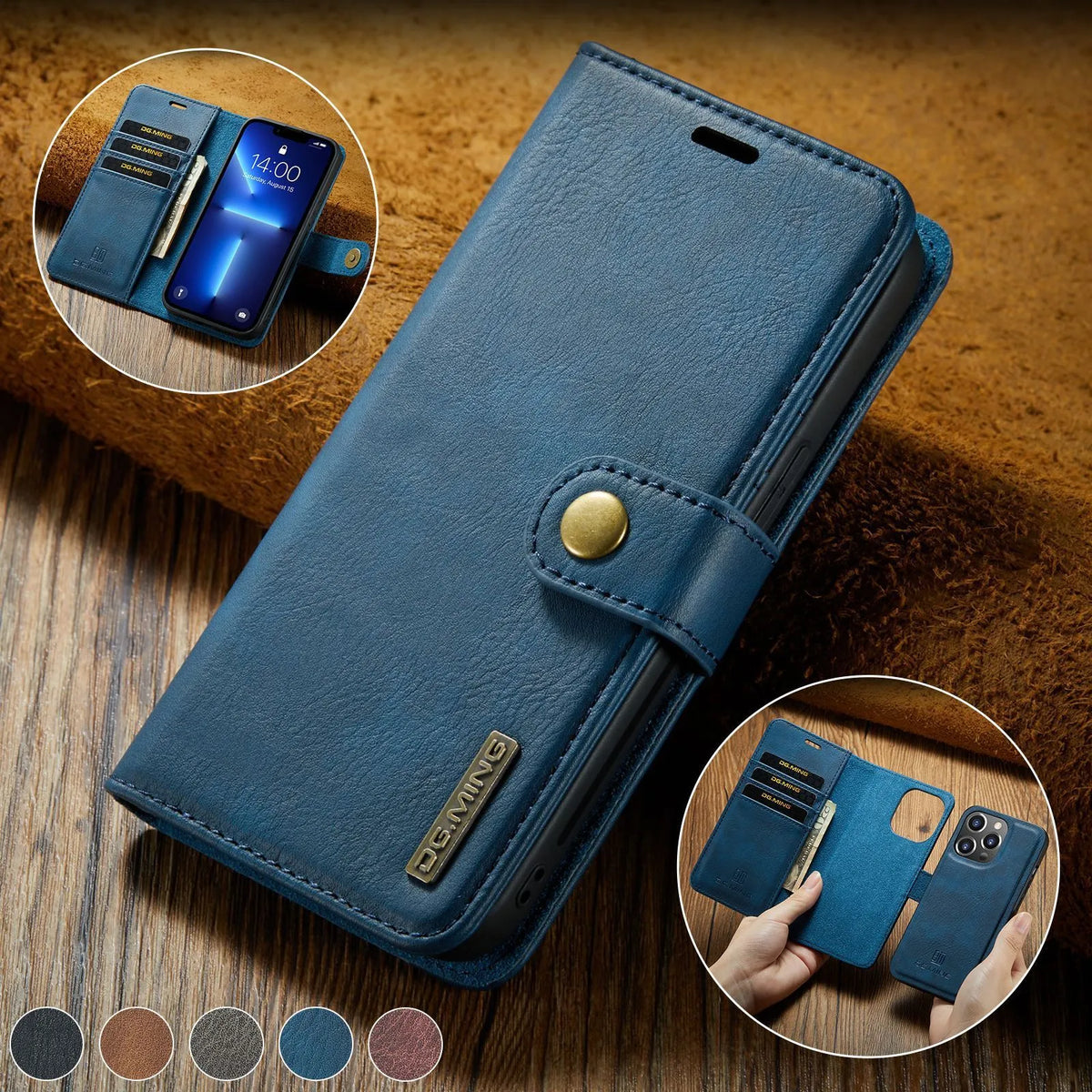 Split PU leather wallet iPhone case with card slots, detachable bottom shell, black brown grey red blue