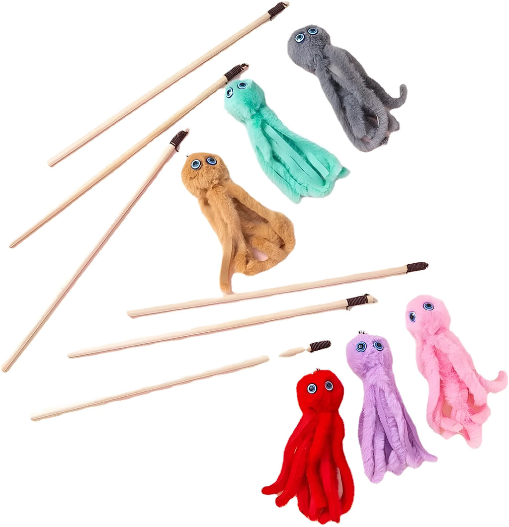Octopus cat toy with long stick in bright colours for indoor kitten play