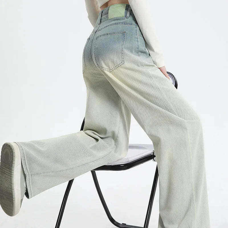 Gradient blue women's straight-leg wide-cut denim trousers laid flat