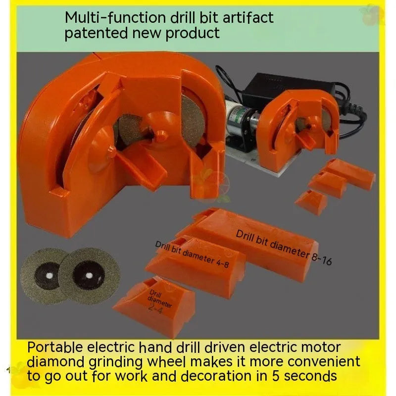 Portable grinding drill tool with orange and black sander sets showing irregular style construction